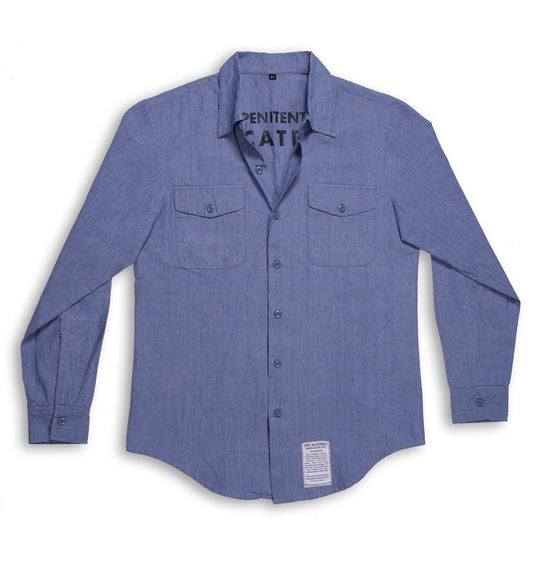 Replica US Penitentiary Alcatraz blue chambray inmate shirt.