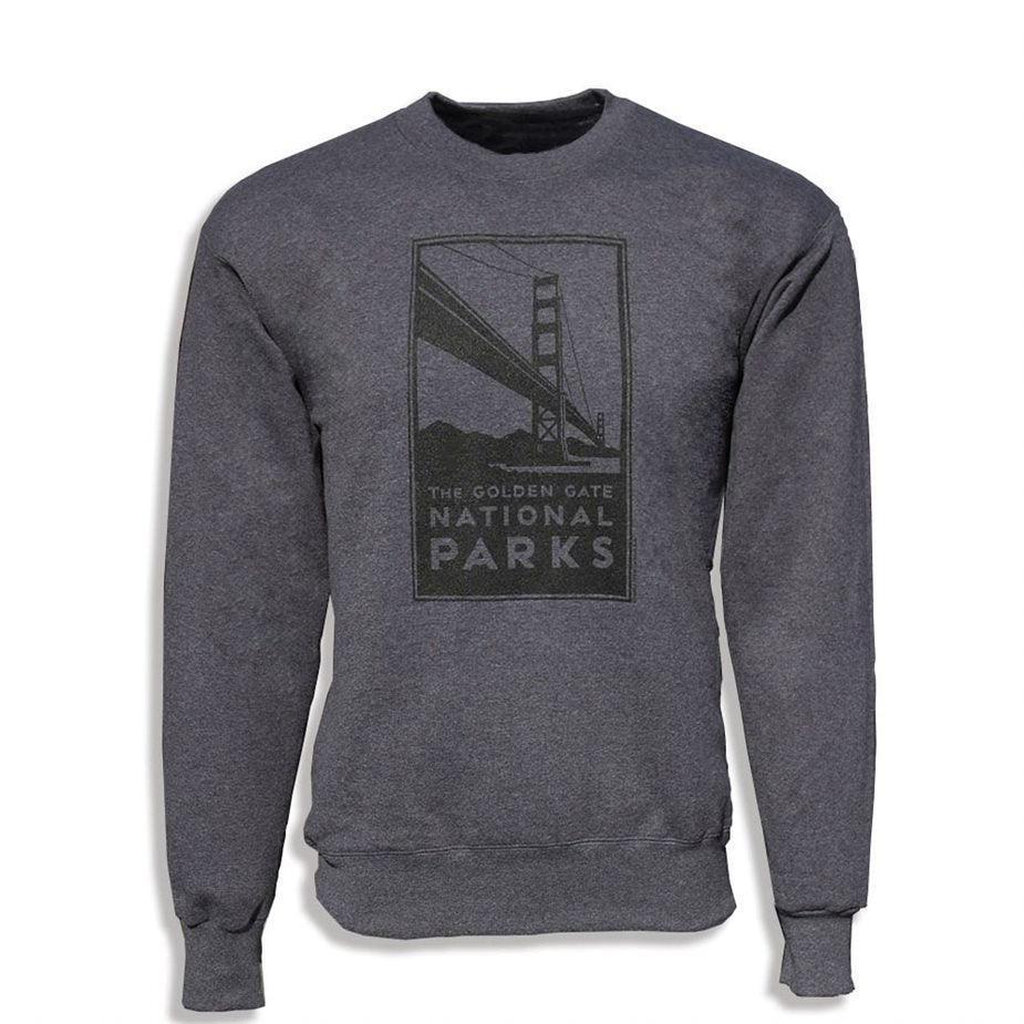 Grey crewneck sweatshirt with black screen-printed design of Golden Gate National Parks Bridge artwork by Michael Schwab