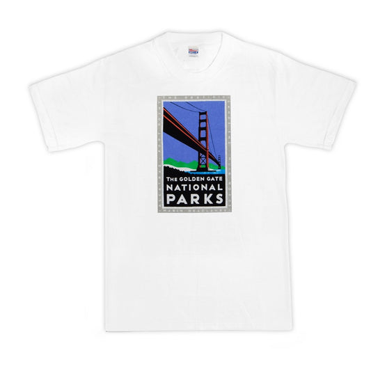 White graphic t-shirt with colorful screen-printed Golden Gate National Parks Bridge design on chest. Art by Michael Schwab.