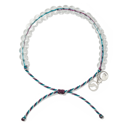 4Ocean Dwarf Sperm Whale Bracelet, with blue, purple, and white recycled plastic cord, colorless recycled glass beads, and recycled steel metal charms.