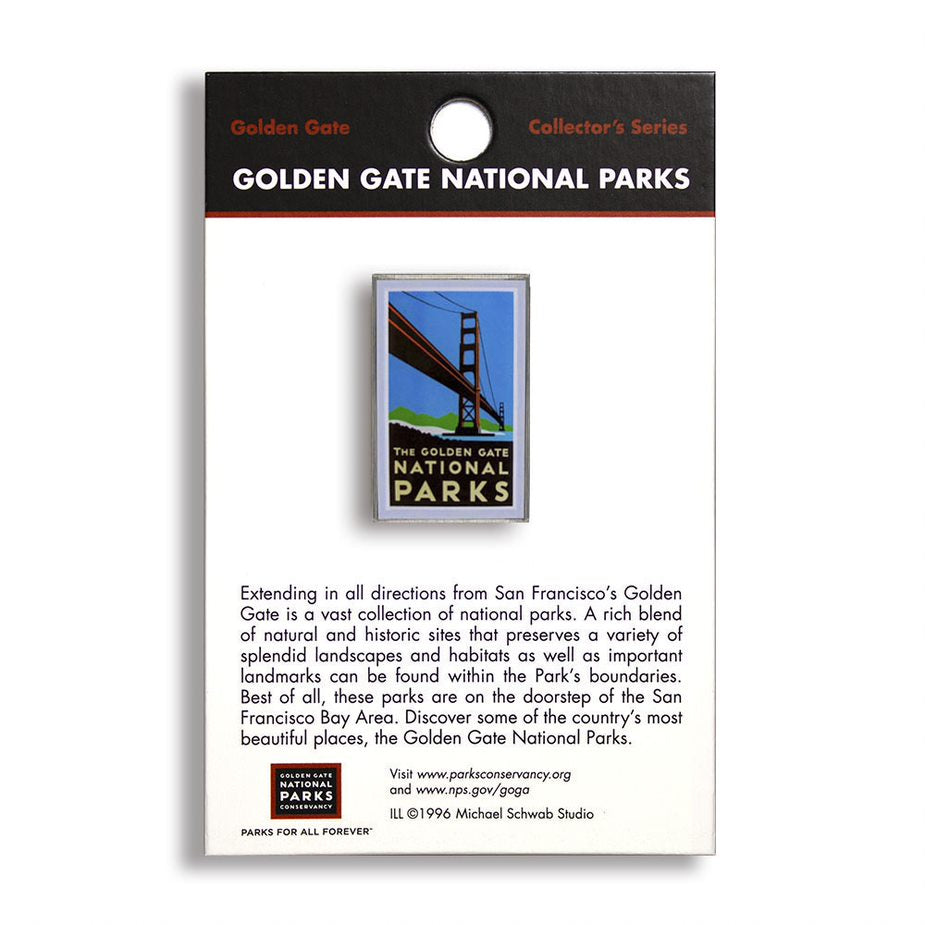A pin featuring the Golden Gate National Parks logo with an image of the Golden Gate Bridge on it.