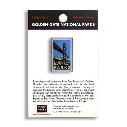 A pin featuring the Golden Gate National Parks logo with an image of the Golden Gate Bridge on it.