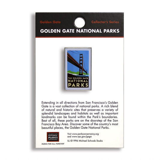 A pin featuring the Golden Gate National Parks logo with an image of the Golden Gate Bridge on it.