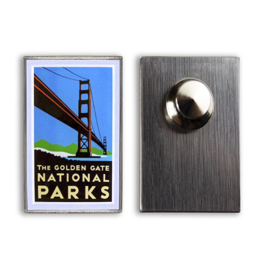 Golden Gate National Parks Bridge pin with artwork by Michael Schwab