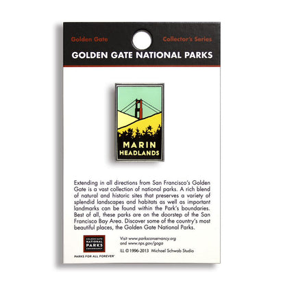 A pin with a colorful illustration of the Marin Headlands, part of the Golden Gate National Parks