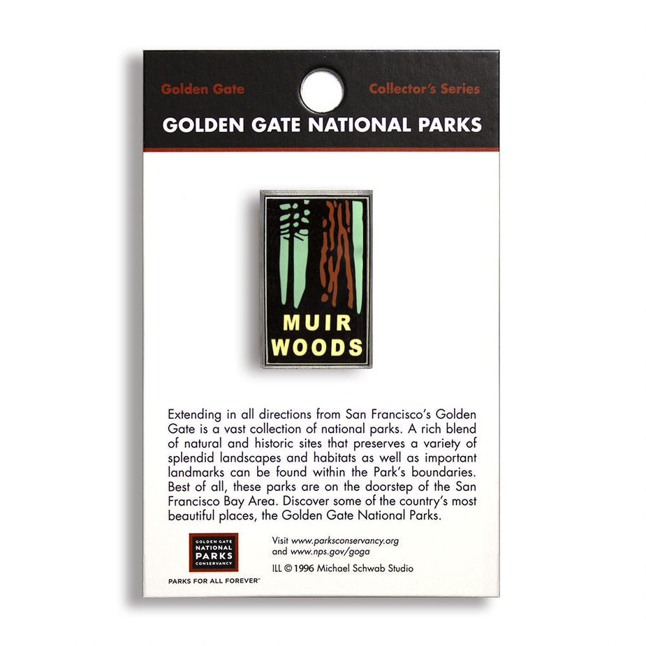 A pin with the Muir Woods National Park logo displayed on a card