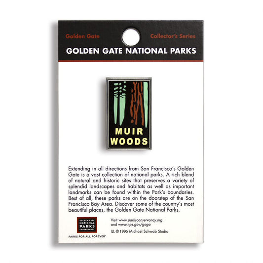 A pin with the Muir Woods National Park logo displayed on a card