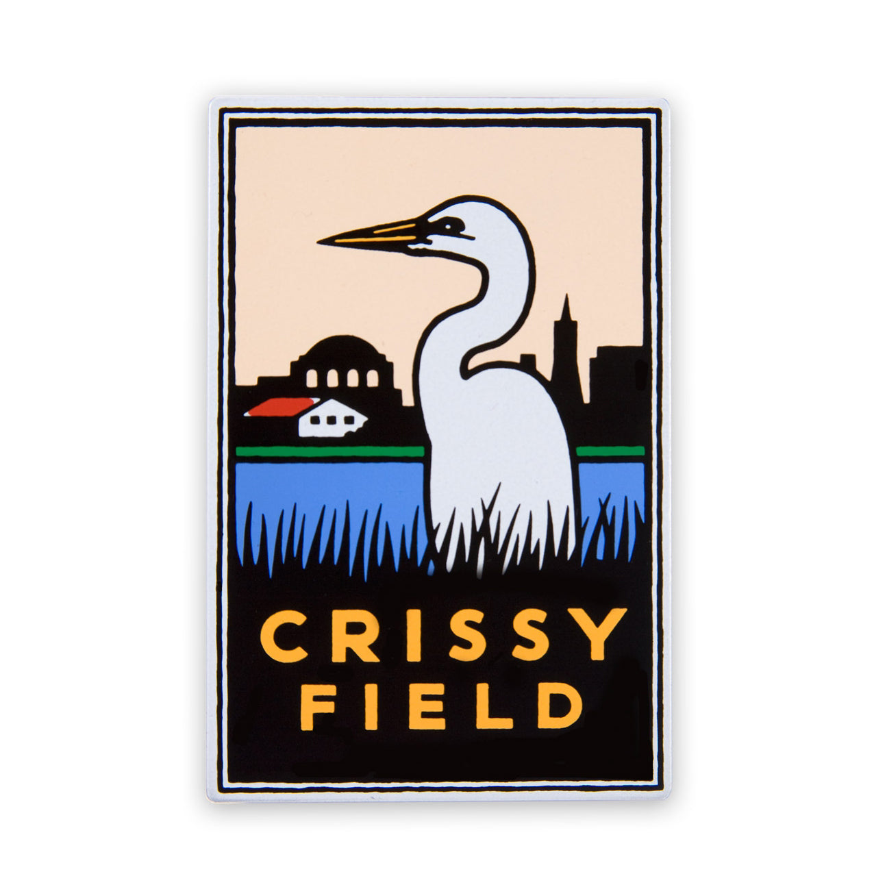 Rectangular pin with colorful illustration of shoreline marsh, egret, and San Francisco skyline, with orange “Crissy Field” text. Art by Michael Schwab.