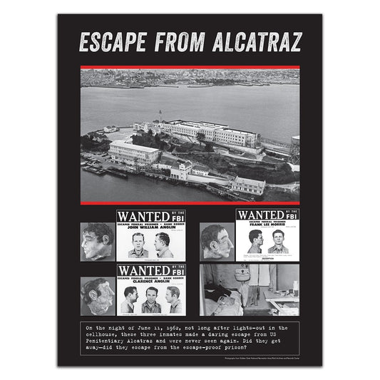 18 x 24 inch 1962 Escape from Alcatraz poster, featuring black-and-white historical photograph of island and inmates.