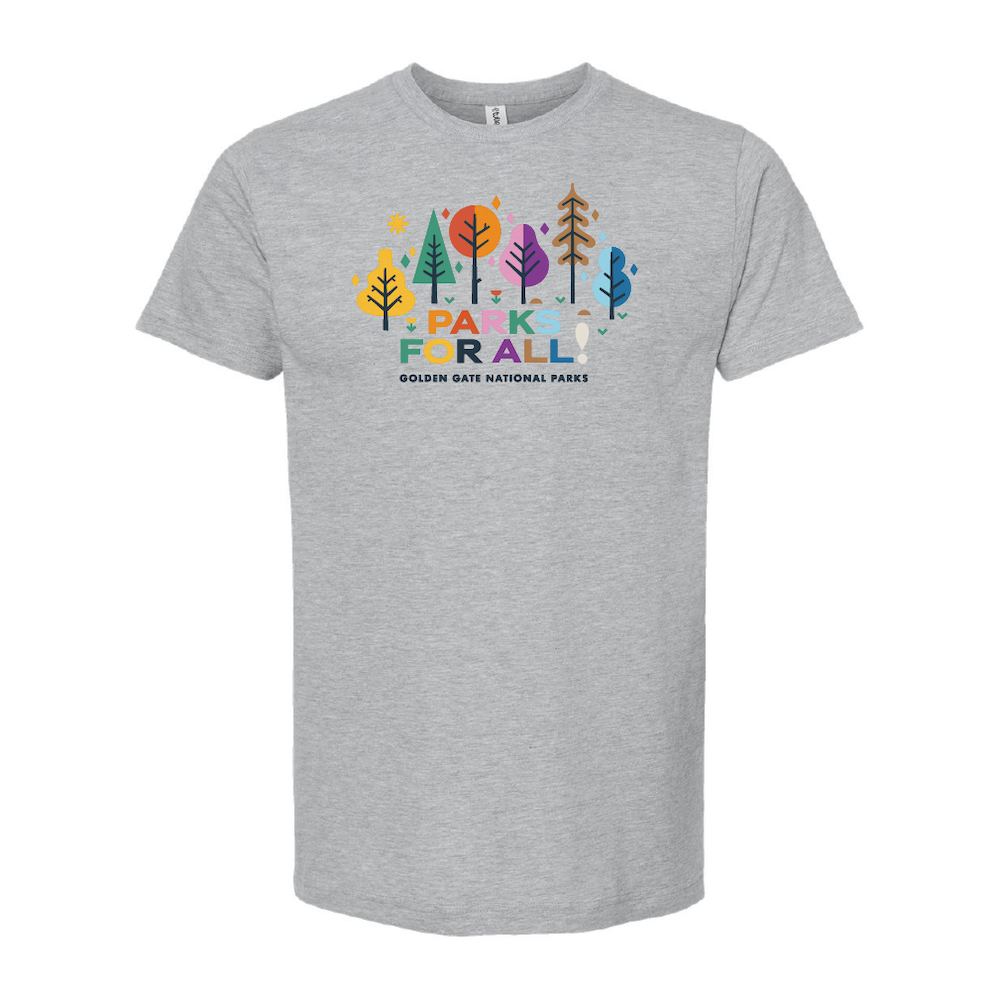 Heather grey T-shirt with 'Parks for All' text and colorful tree illustrations screen-printed on the front.