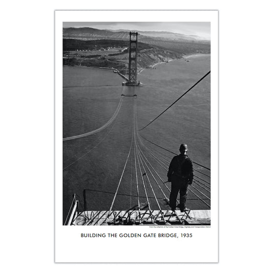 A Golden Gate Bridge cable layer stands at the top of the North Tower looking towards San Francisco during bridge construction in 1935.