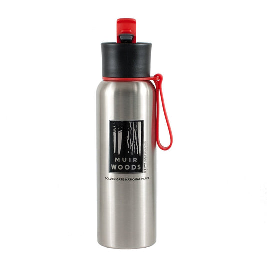 750 ml. stainless steel water bottle with red silicone strap and flip top, Muir Woods logo. Artwork by Michael Schwab.