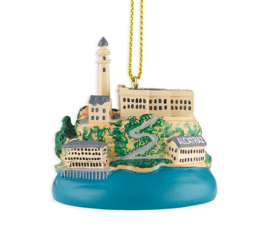 Hand-painted resin Alcatraz Island model ornament with gold thread ribbon.