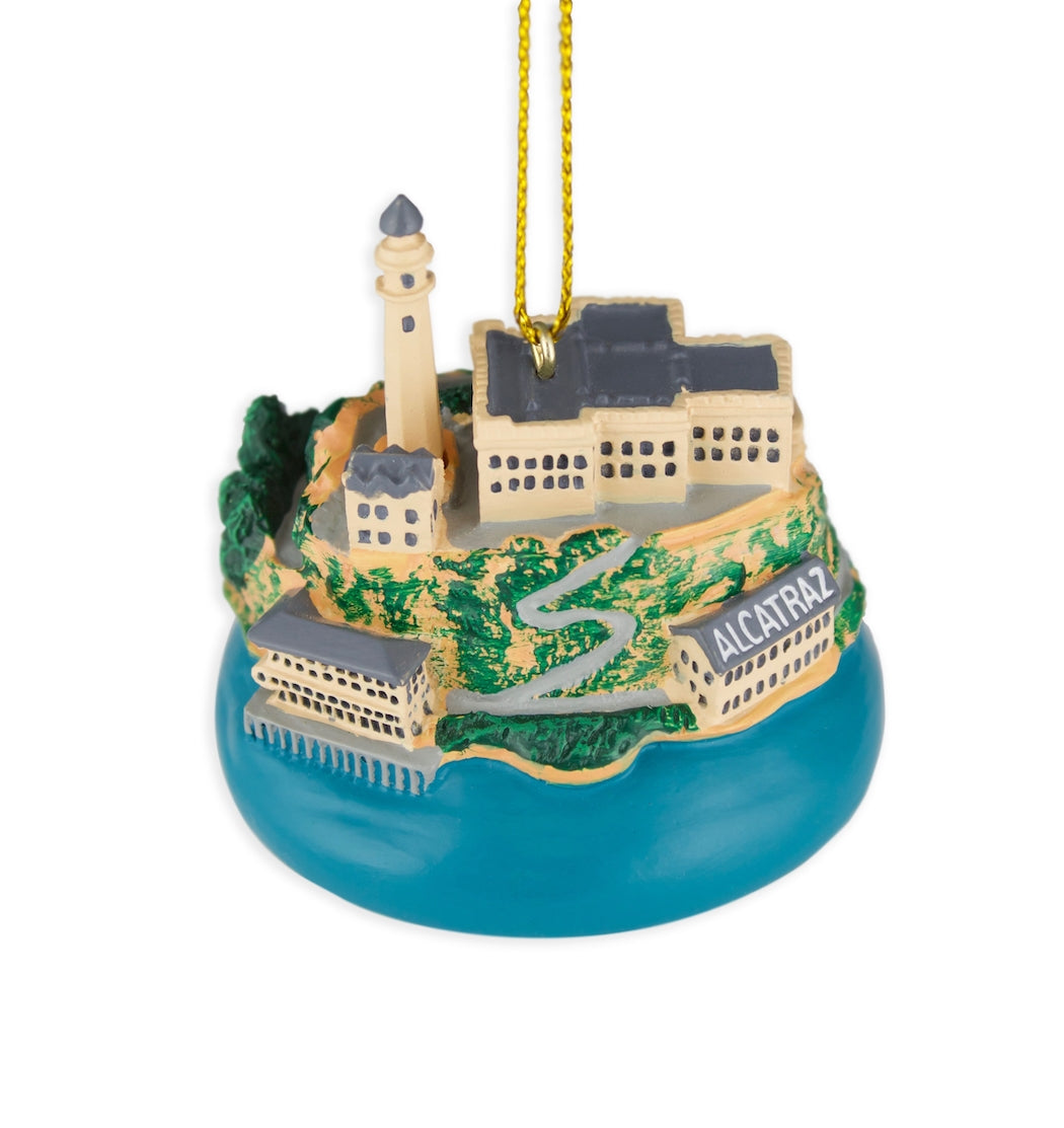 Hand-painted resin Alcatraz Island model ornament with gold thread ribbon.