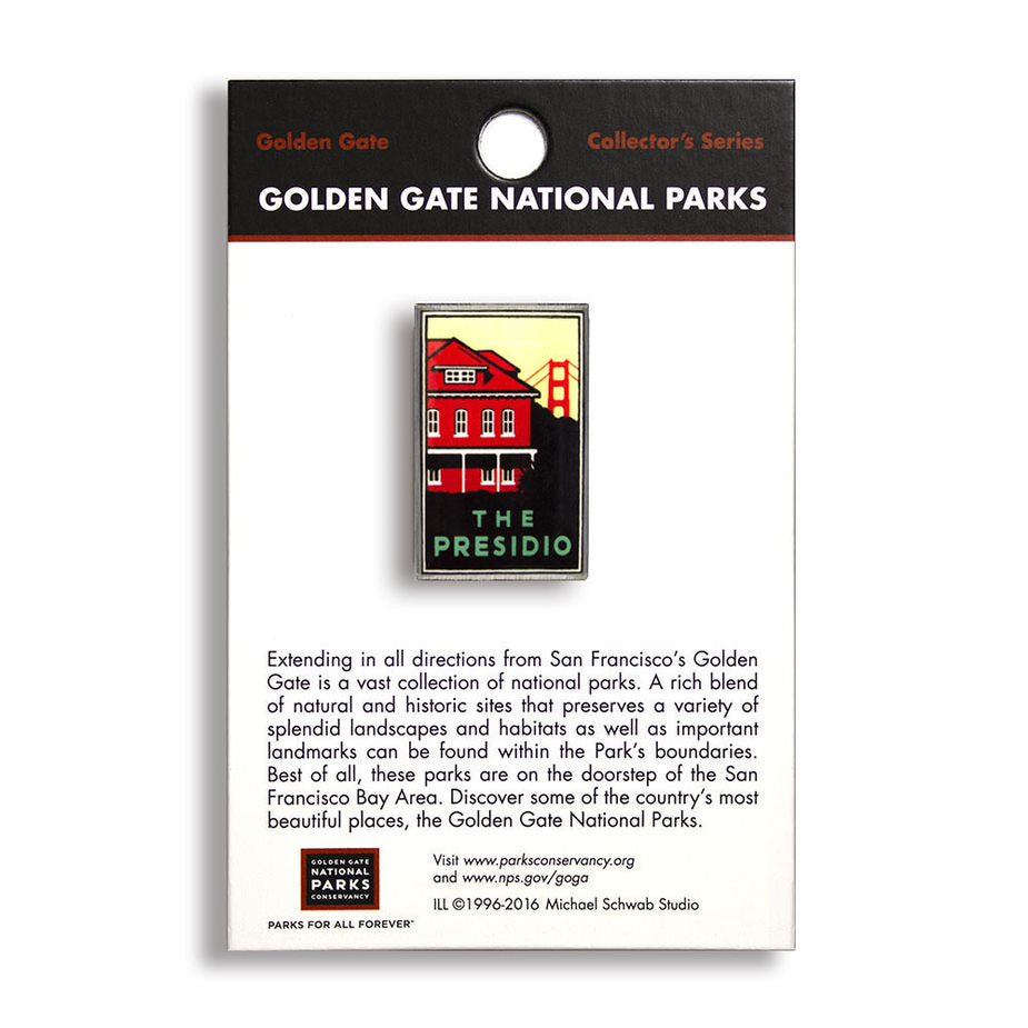 A pin with a depiction of the Presidio of San Francisco, part of the Golden Gate National Parks collection. Artwork by Michael Schwab.